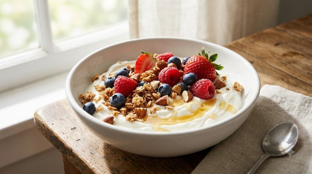 A bowl of creamy Greek yogurt topped with colorful mixed berries crunchy granola and chopped nuts with a drizzle of hone
