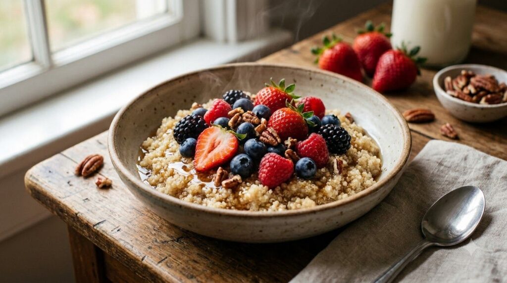 A warm quinoa breakfast bowl topped with fresh mixed berries chopped nuts and a light drizzle of maple syrup