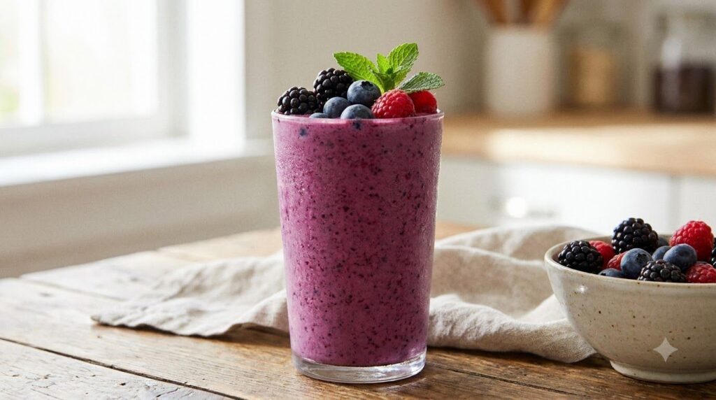 A vibrant purple berry protein smoothie in a clear glass topped with fresh mixed berries and a mint leaf
