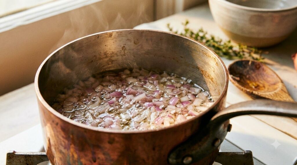 A close-up of chopped red onions simmering gently in a pan with coconut oil over low heat