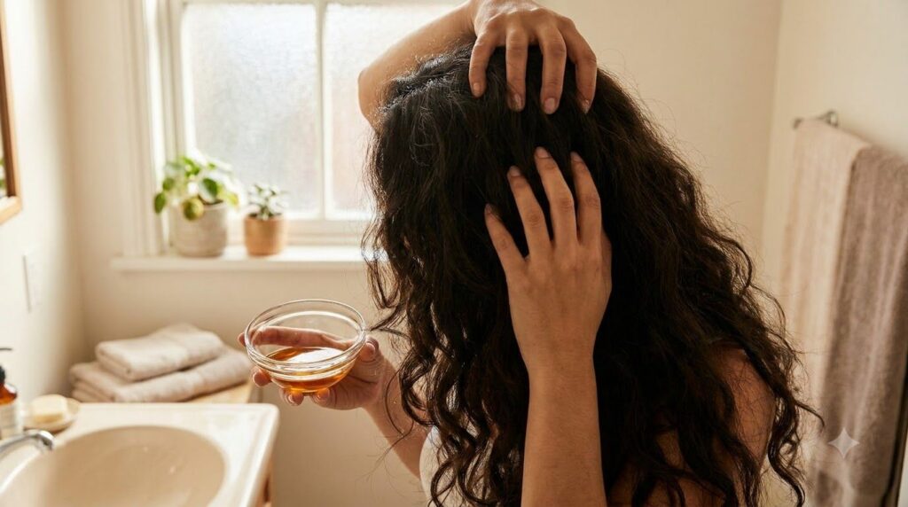 A woman gently massaging DIY onion oil into her scalp with her fingertips focusing on the roots of her hair
