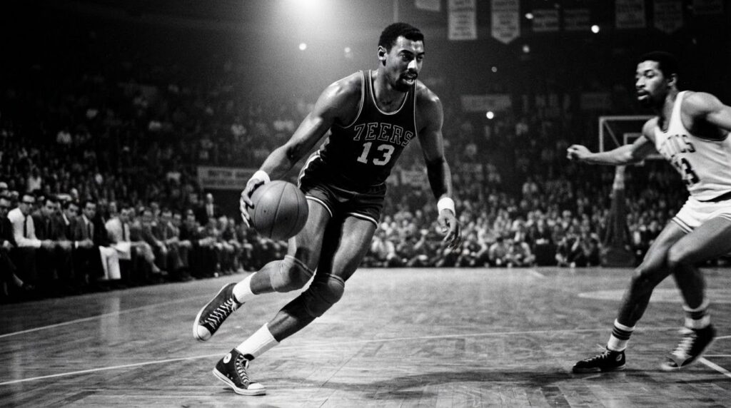 A black and white photograph of Wilt Chamberlain playing basketball in the 1960s dribbling or shooting with intensity