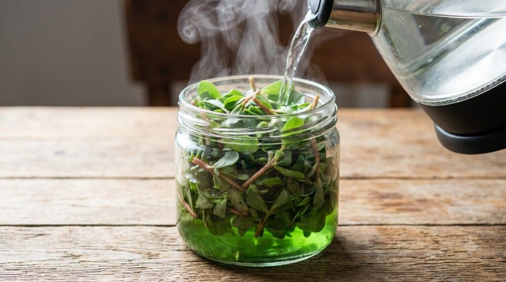 Close-up of freshly chopped purslane leaves and stems in a clear glass jar with hot water being poured over them