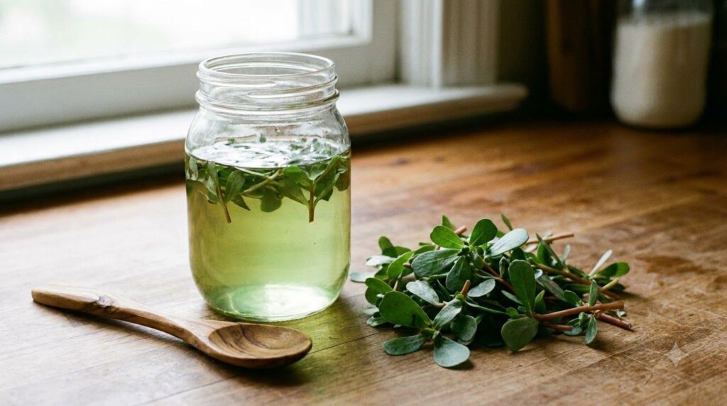 A clear glass jar of prepared purslane infusion alongside fresh purslane leaves and a small wooden spoon on a rustic kit