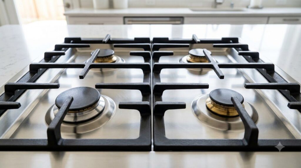 A sparkling clean stainless steel gas stovetop with reassembled cast iron grates looking pristine after being deep clean