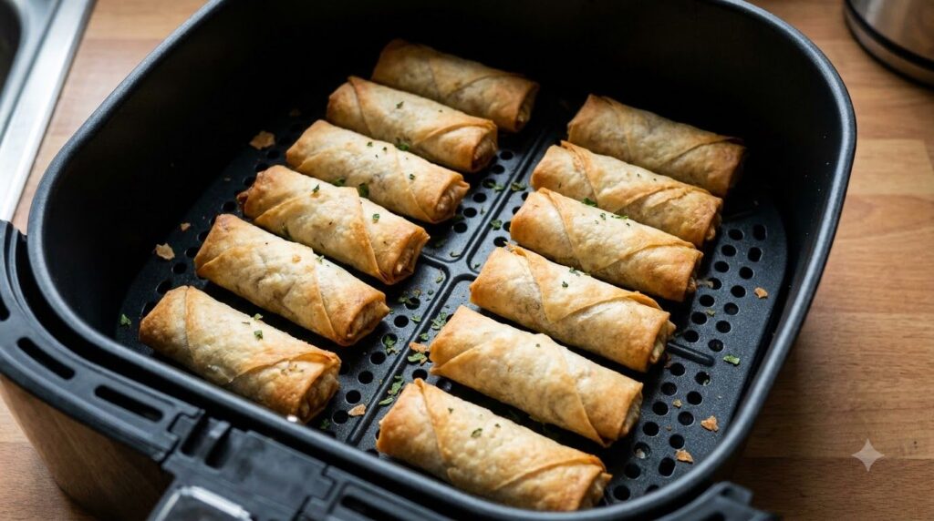 A basket of golden-brown air-fried chicken and mushroom spring rolls perfectly crispy without excess oil A small dish of