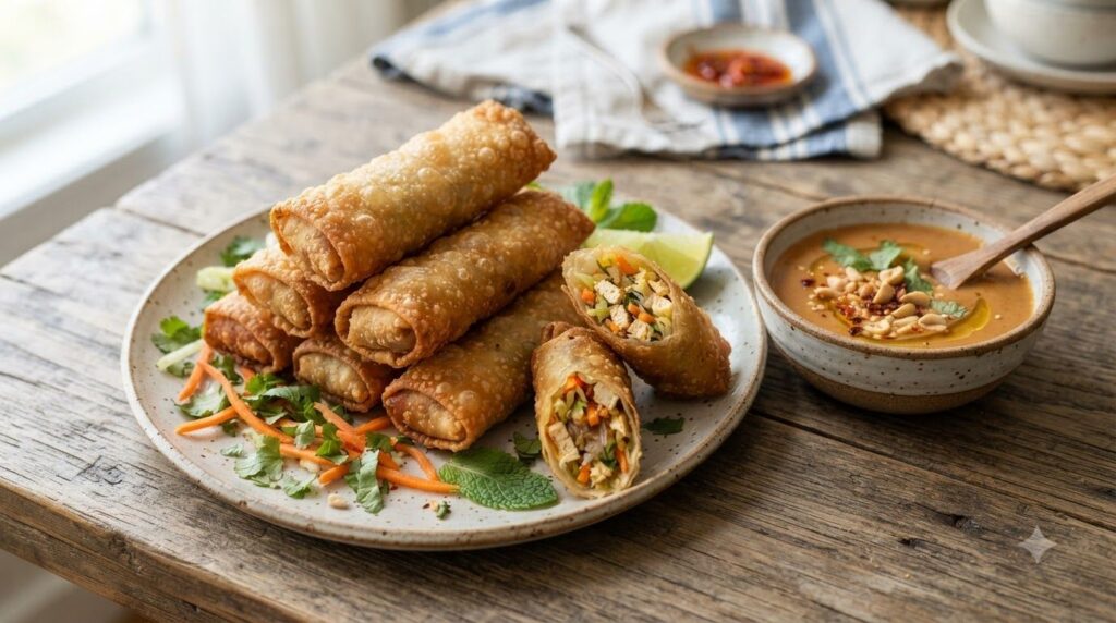 A vibrant plate of golden-brown vegetarian tofu and cabbage spring rolls with a crisp exterior They are arranged artfull
