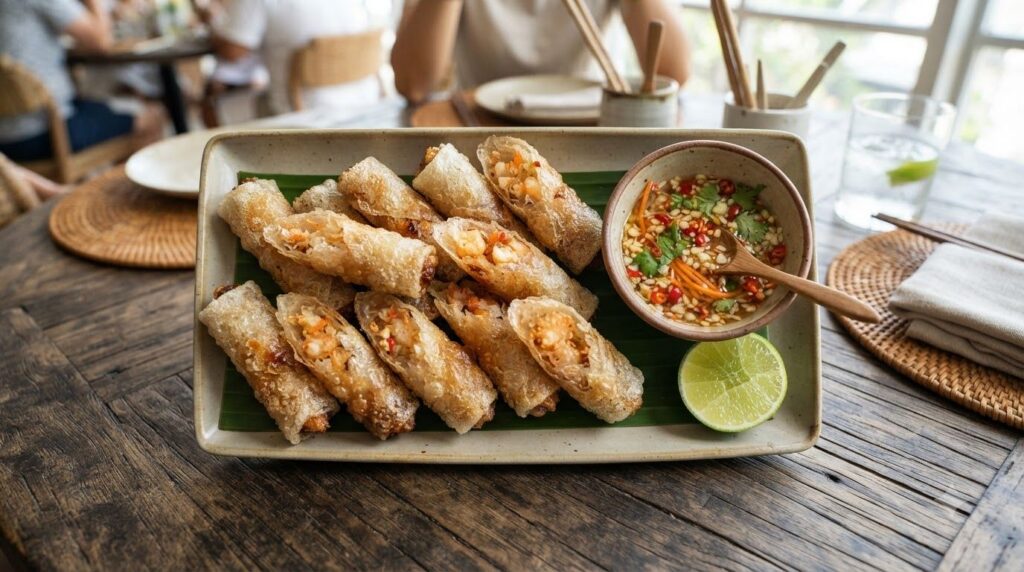 A platter of elegantly fried shrimp and glass noodle spring rolls showcasing their crisp golden exterior and a glimpse o