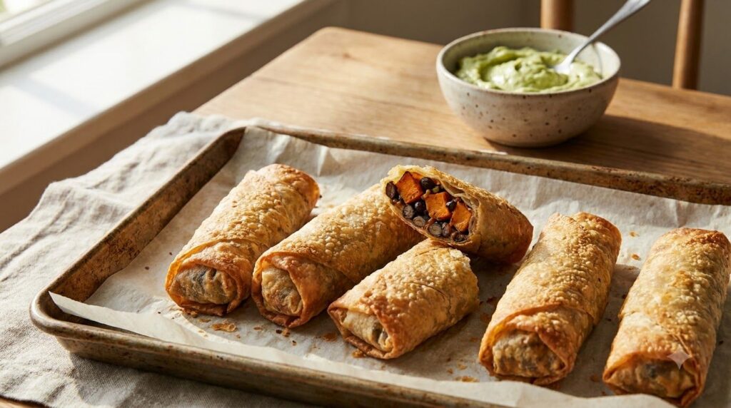Rustic baked sweet potato and black bean spring rolls golden-brown and slightly crispy arranged on a baking sheet A side