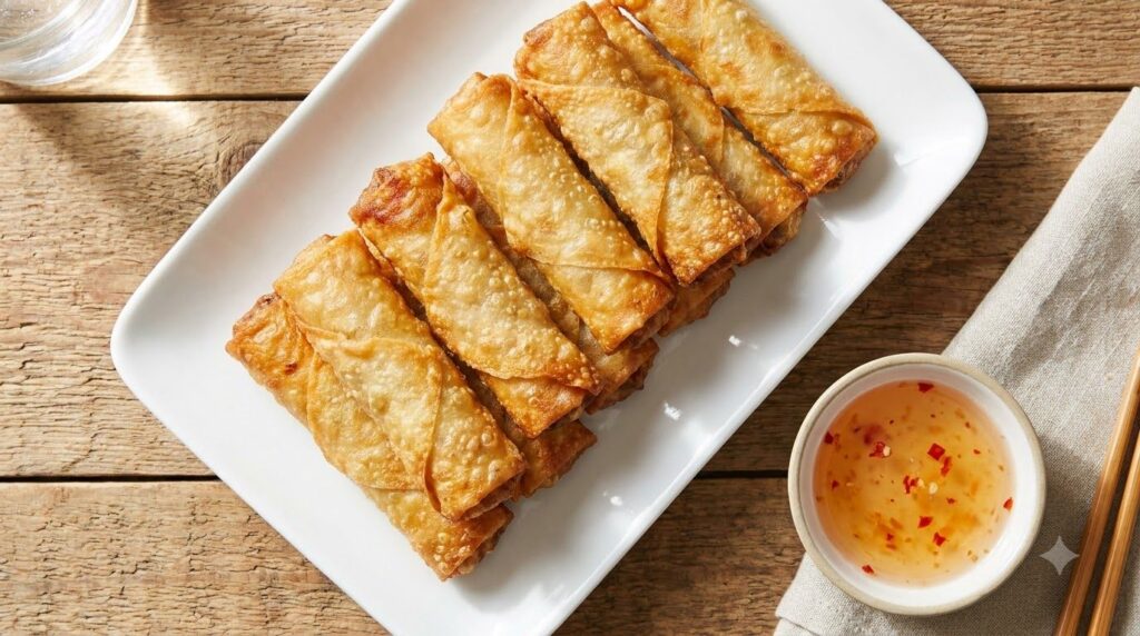 A simple and quick batch of golden-brown cabbage and carrot spring rolls freshly fried on a small serving plate with a l