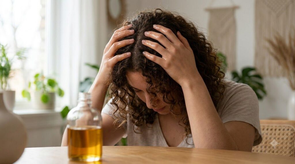 A person gently massaging homemade onion oil into their scalp and hair showing the application process
