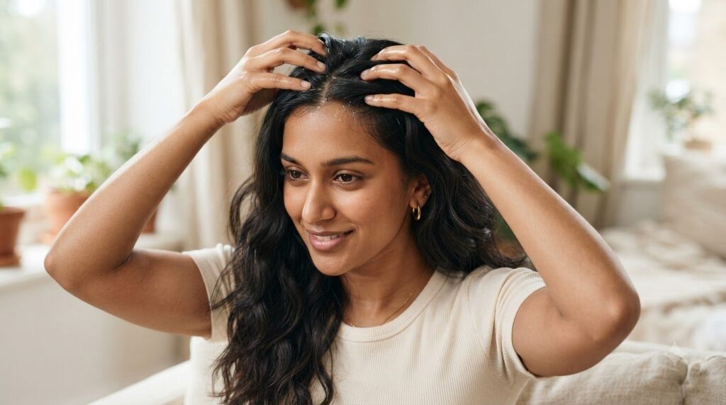 A woman gently massaging the oil mixture into her scalp with her fingertips her eyes closed in relaxation The scene is b