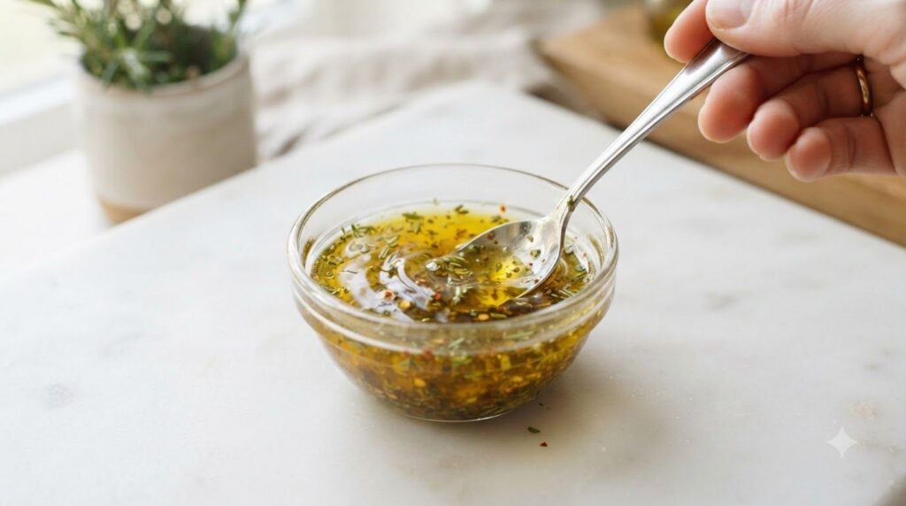 A close-up of a small glass bowl containing a golden oil mixture with a spoon gently stirring it The background shows bl