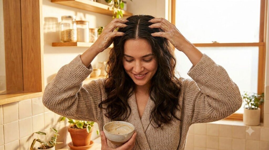 A woman gently massaging the DIY onion hair mix onto her scalp with her fingertips her head slightly tilted Her hair is 