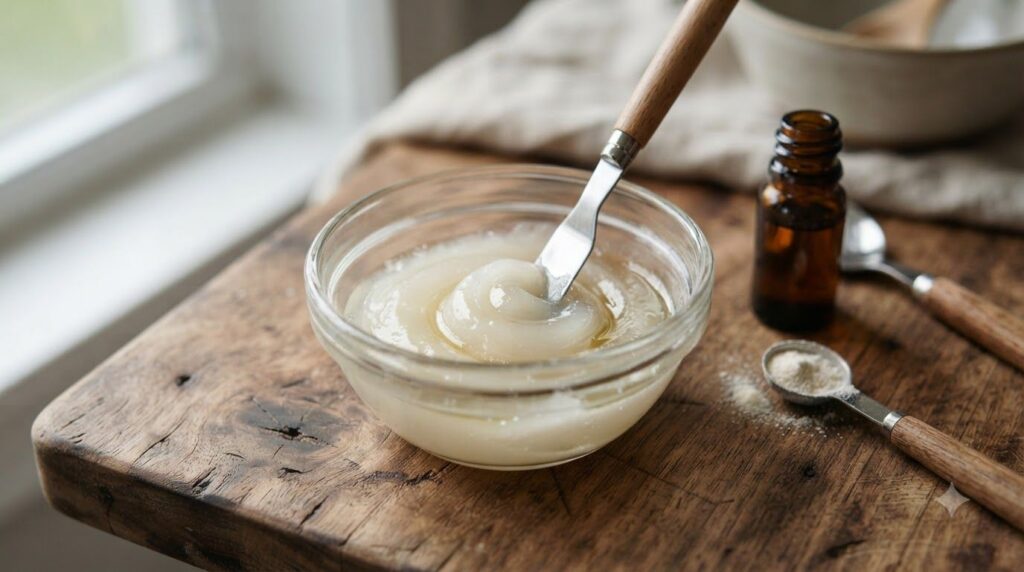 Close-up of a small glass bowl with Vaseline baby oil and collagen powder being stirred together with a mini spatula to 
