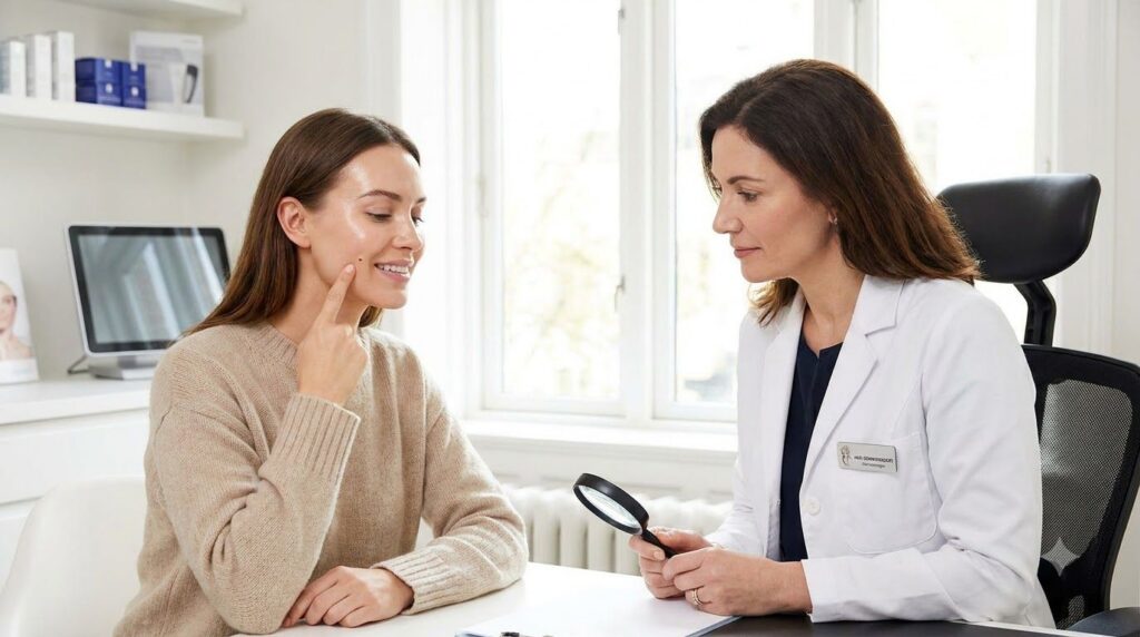 A woman consulting with a dermatologist pointing to a dark spot on her face in a professional and reassuring clinic sett