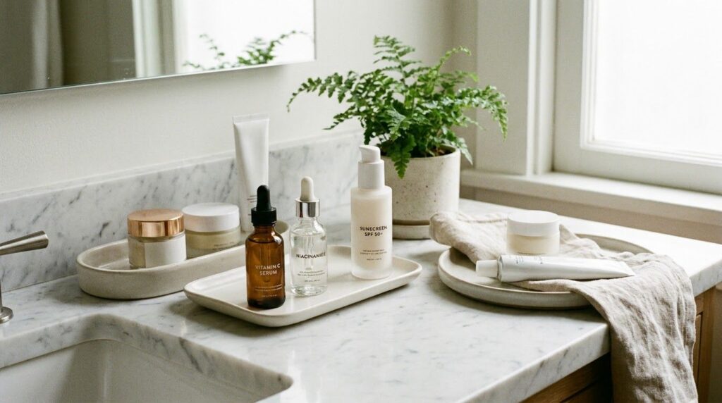 A variety of safe dermatologist-recommended skincare products for dark spots such as vitamin C serum niacinamide and sun