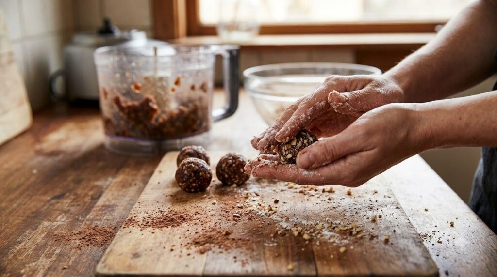 Hands rolling the date and nut mixture into small uniform balls on a cutting board with the processed mixture visible in
