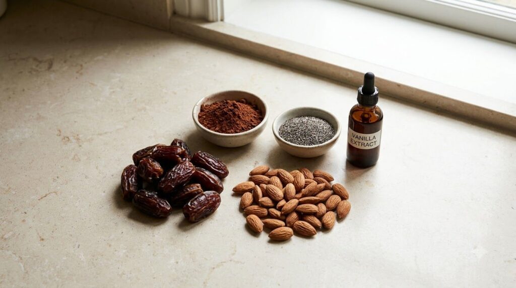 Various ingredients for the beauty bites laid out on a clean kitchen counter pitted dates almonds cacao powder chia seed