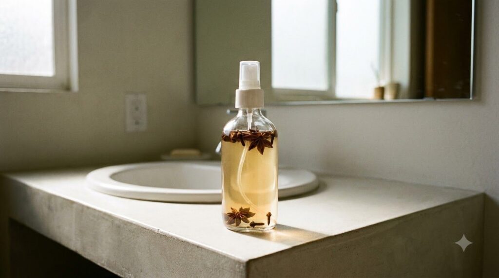A glass spray bottle filled with homemade star anise and clove toner on a bathroom counter