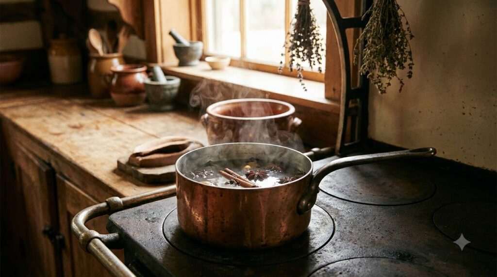 A simmering pot with cloves and star anise infusing in water on a stovetop