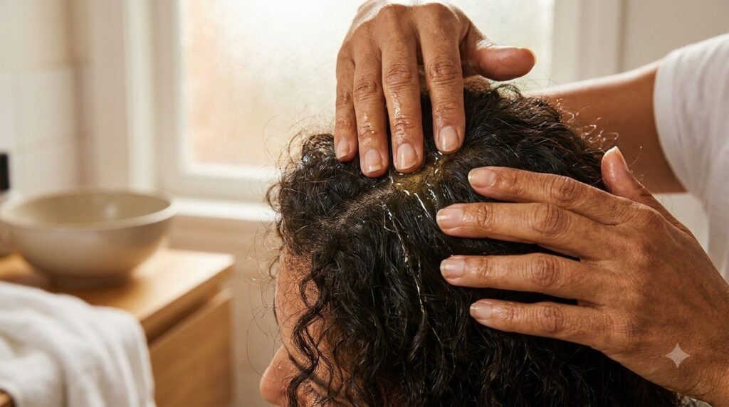 A person gently massaging DIY onion and clove hair oil into their scalp illustrating the application process The focus i