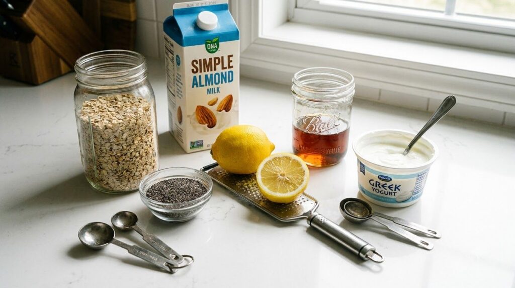 All ingredients for lemon chia overnight oats laid out on a clean white kitchen counter rolled oats chia seeds a carton 