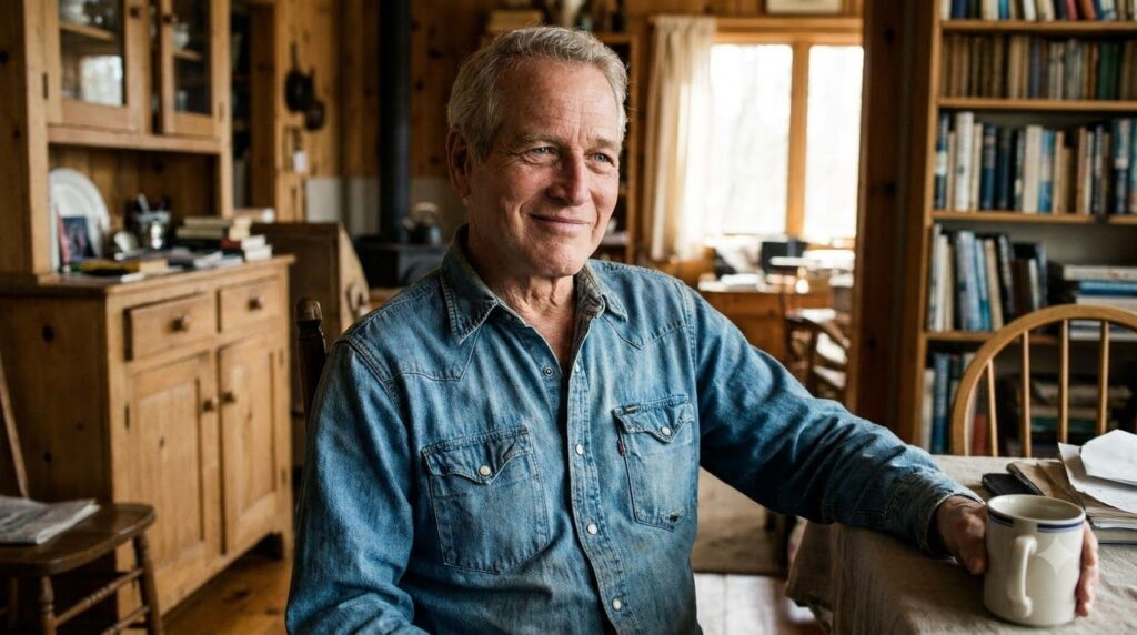 Paul Newman smiling warmly perhaps at a charity event or in a more candid relaxed setting showing his philanthropic side