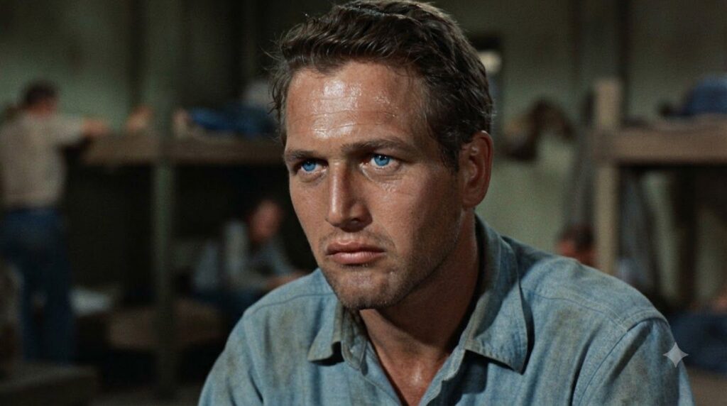 A movie still of Paul Newman in a dramatic scene where his blue eyes are a focal point from one of his iconic films like
