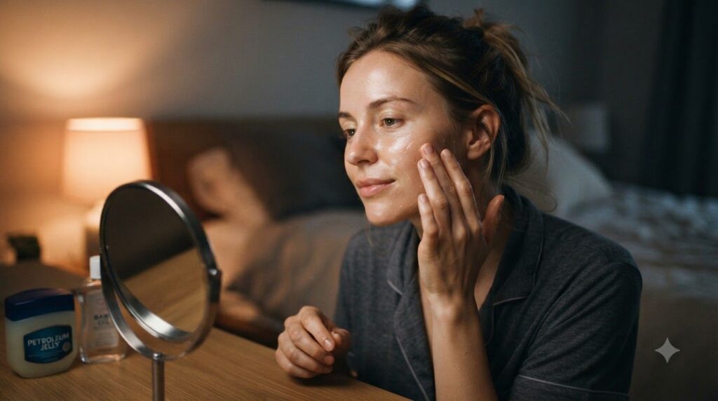 A woman gently applying the baby oil and petroleum jelly mixture to her face at night