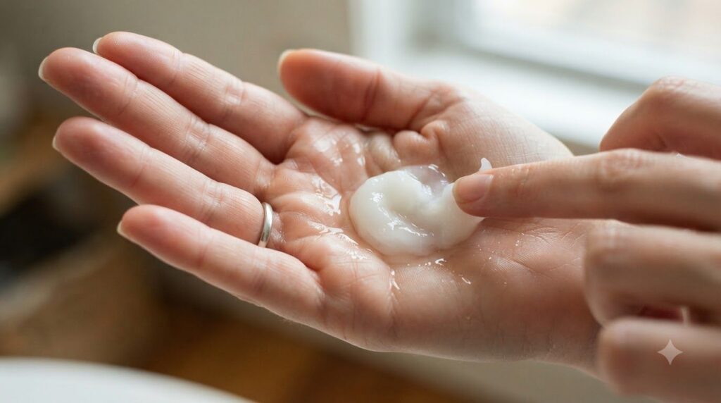 A small amount of baby oil and petroleum jelly being mixed in the palm of a hand