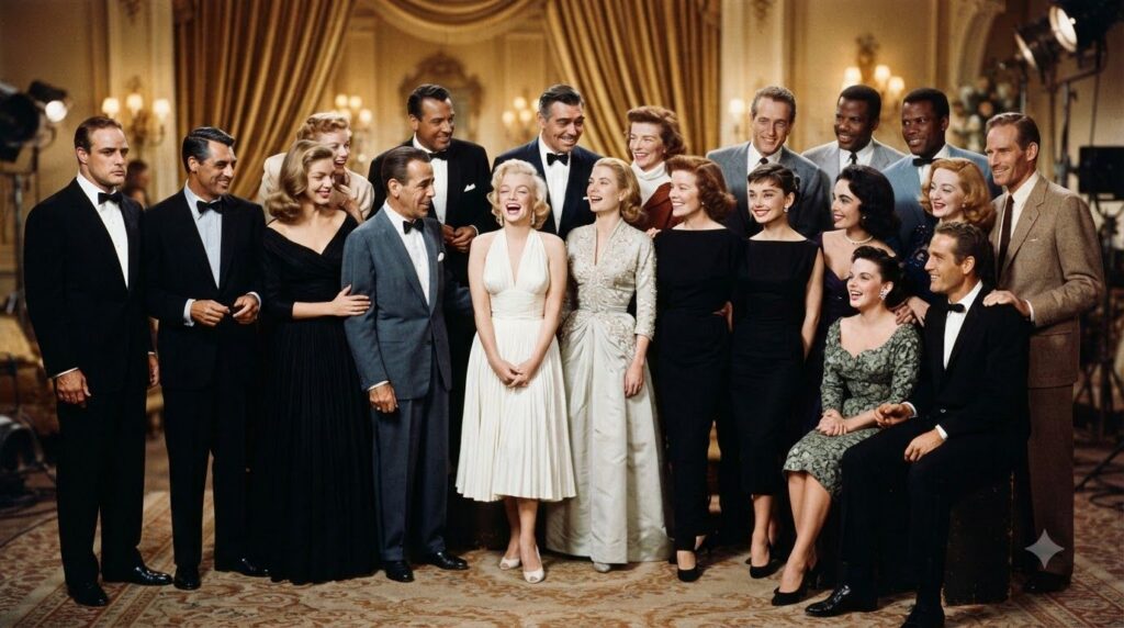 A vintage collage or montage of several iconic male and female classic Hollywood stars showcasing the golden age of cine