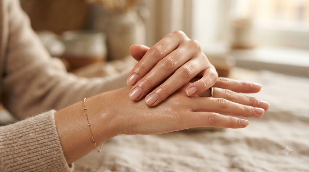 A close-up of a woman s hands after applying a moisturizer showing visibly smoother hydrated skin with a soft glow with 