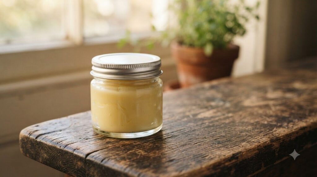 A small glass jar filled with a creamy yellowish balm with a label that says DIY Hand Balm on a rustic wooden surface wi