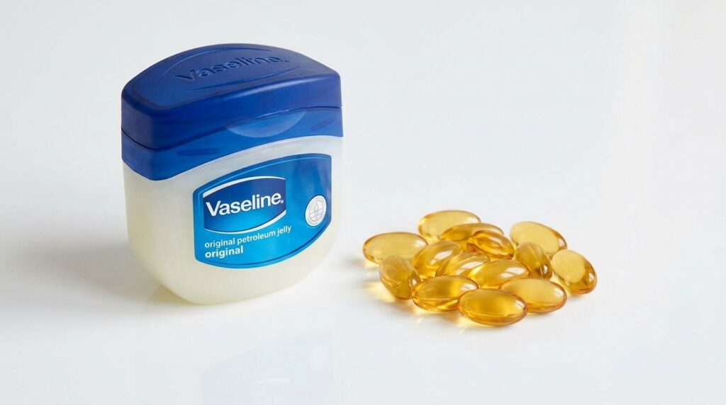A close-up of a jar of Vaseline petroleum jelly next to a few golden Vitamin E capsules