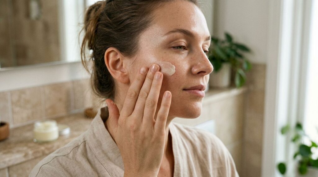 A person gently massaging a small amount of the Vaseline and Vitamin E balm onto their clean face focusing on a dry chee