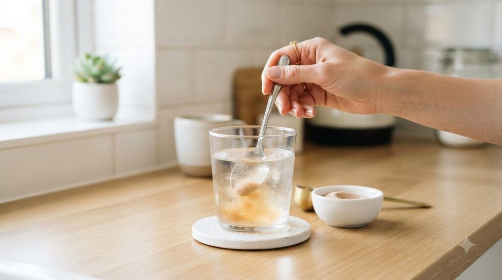A hand stirring a teaspoon of the beauty powder into a glass of water with a spoon showing it dissolving