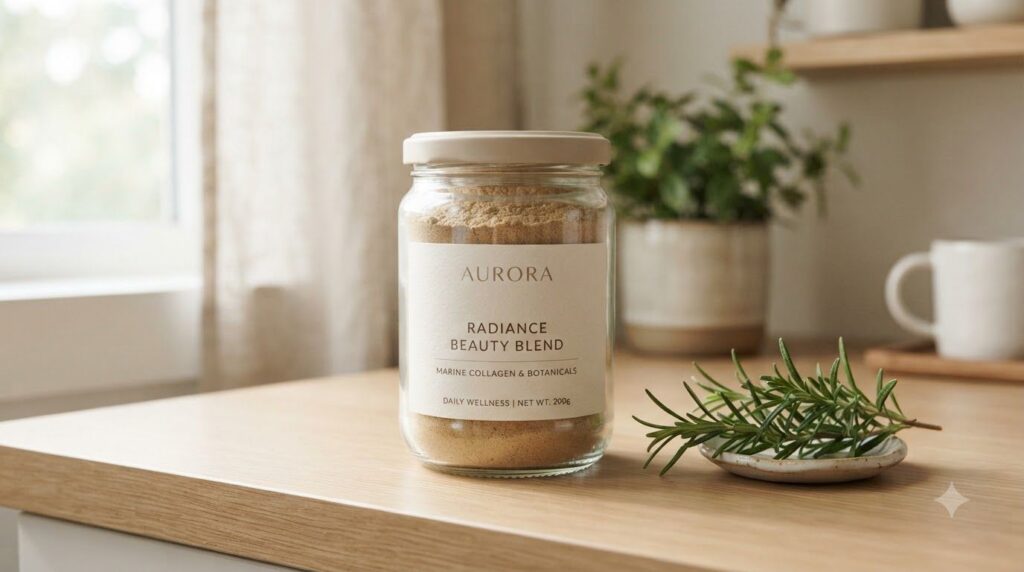 A clear glass jar filled with the prepared beauty powder labeled sitting on a kitchen counter ready for storage