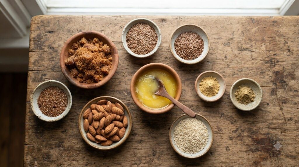 Ingredients for hair growth laddus laid out flax seeds sesame seeds almonds jaggery ghee fenugreek and cardamom