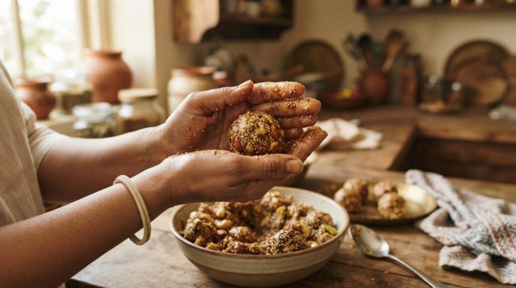 Hands forming a round laddu from a mixture of seeds nuts and jaggery