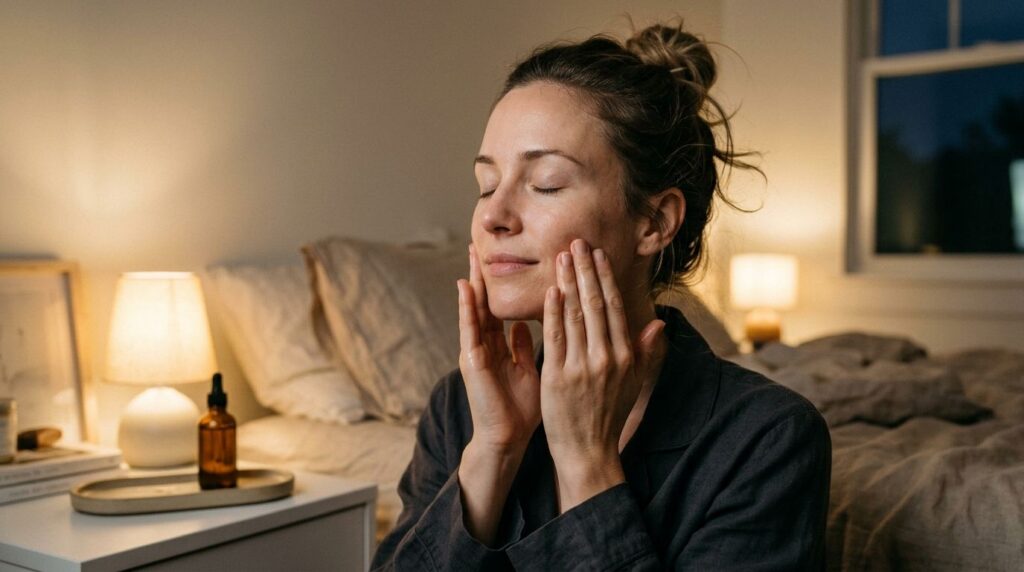 A woman gently massaging a few drops of oil onto her clean face before bedtime with a soft warm glow around her