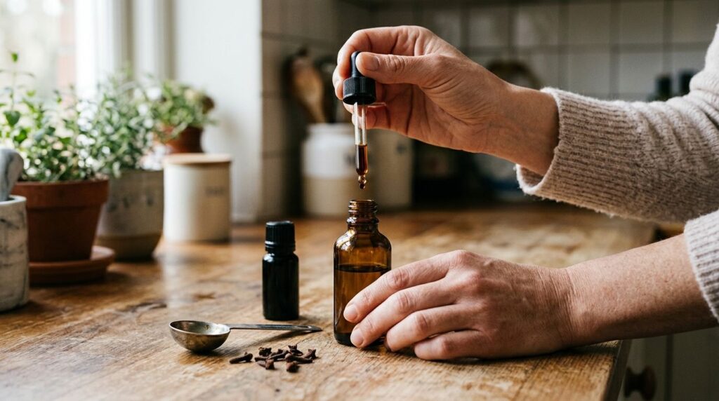 Hands carefully dripping clove essential oil into a small bottle of carrier oil with a measuring spoon nearby