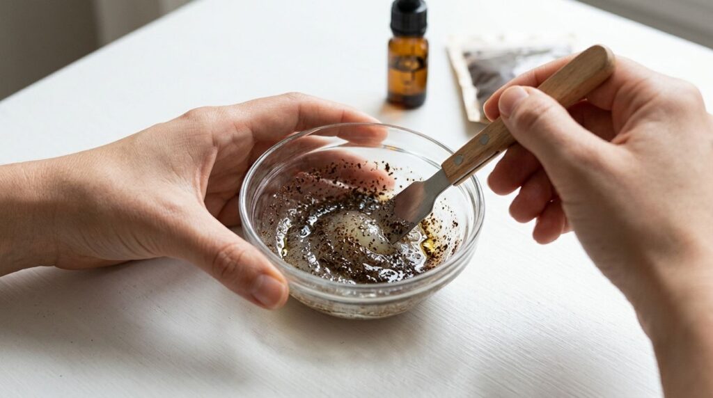 A person s hands gently stirring melted Vaseline with fine coffee grounds and a few drops of oil in a small glass bowl w