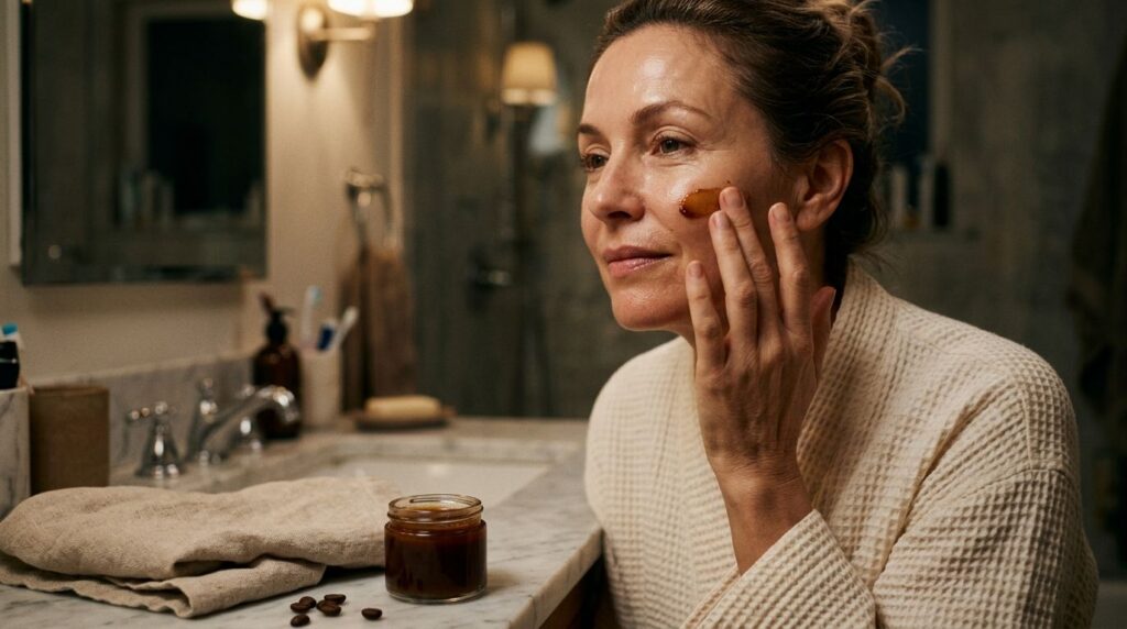 A woman in her 40s gently applying a small amount of the DIY Vaseline coffee balm to her cheek with her fingertips demon
