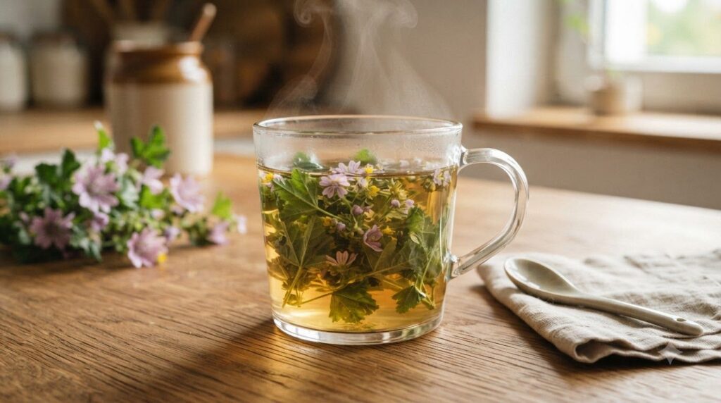 A clear glass mug with a warm herbal infusion made from fresh Common Cheese Mallow leaves and flowers steeping in hot wa