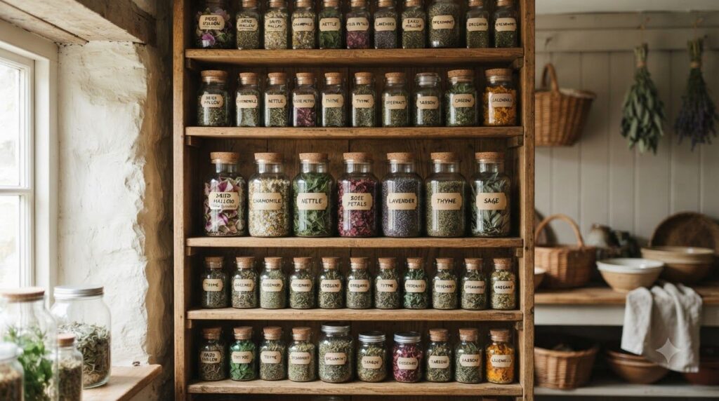 Various dried herbs stored in labeled glass jars in a rustic pantry setting demonstrating proper storage techniques
