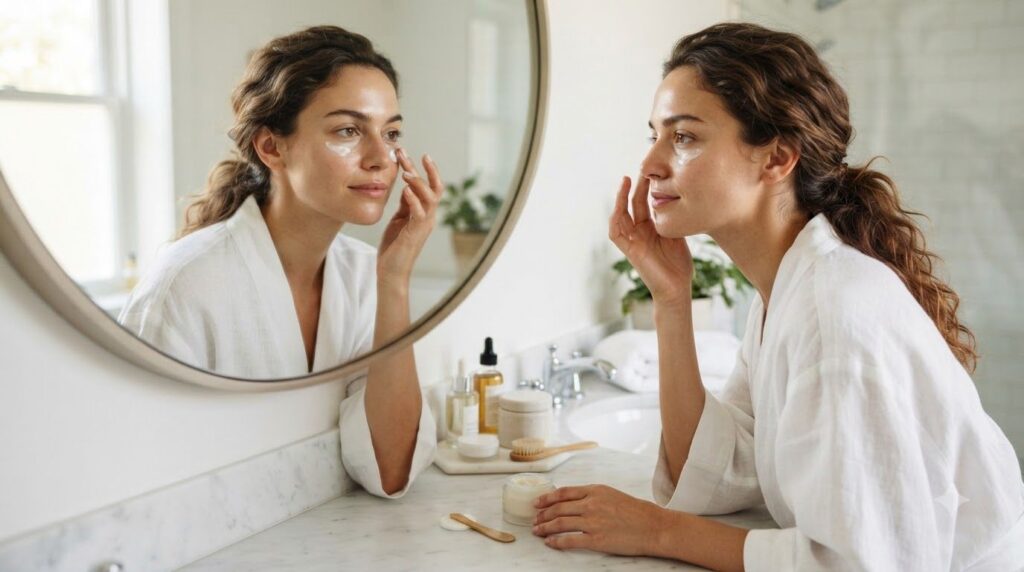 A woman gently applying the potato and aloe vera under-eye paste to her under-eye area with her fingertips looking relax