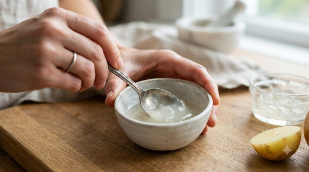 Close-up of hands mixing grated potato juice with aloe vera gel in a small bowl with a spoon showing the smooth paste fo