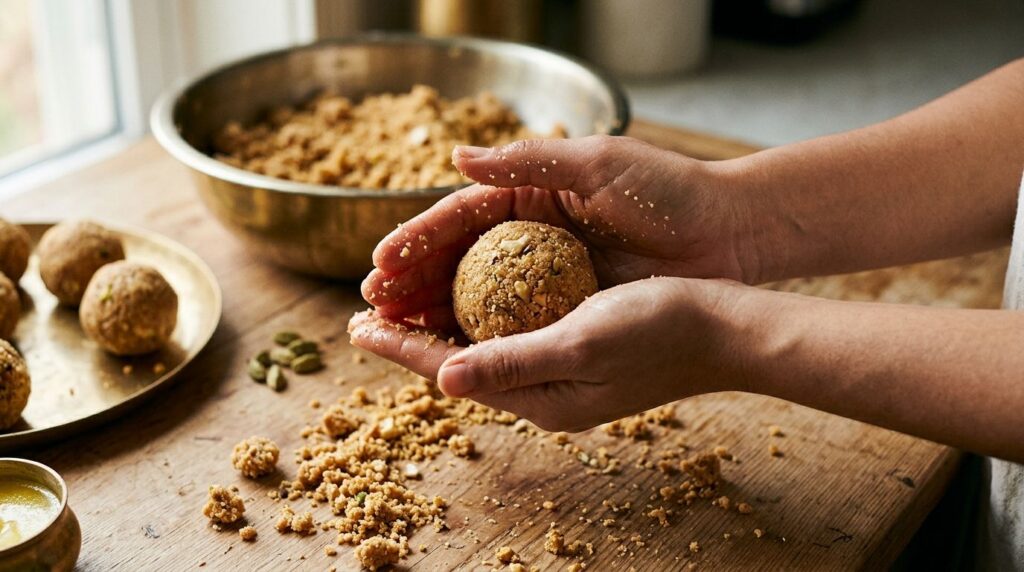 Hands shaping the Laddu mixture into small round balls showing the texture of the mixture