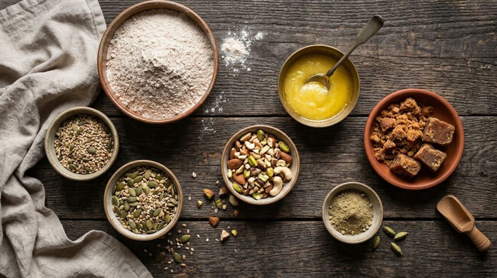 A flat lay image of all the dry and wet ingredients for the Laddu recipe clearly laid out on a kitchen counter